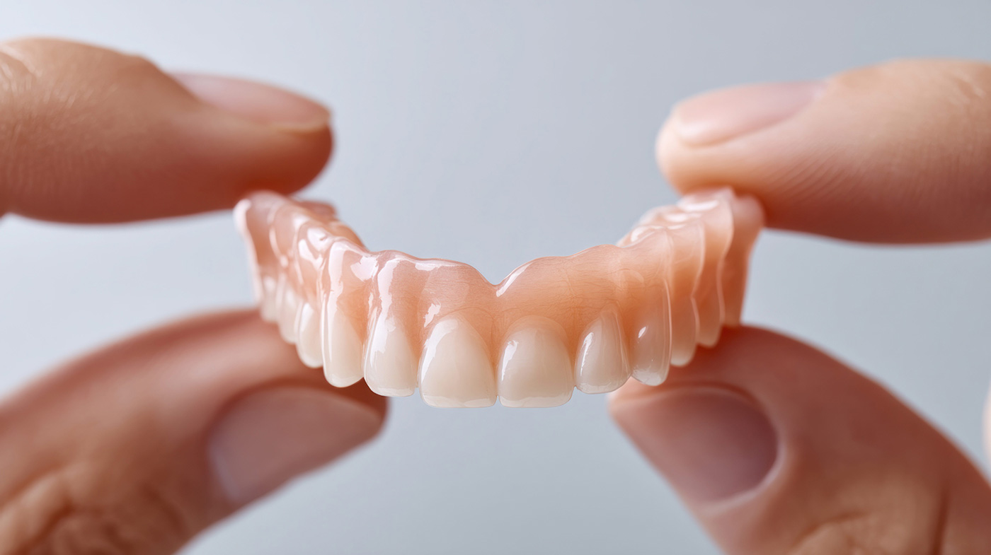 Removable denture held for a close look