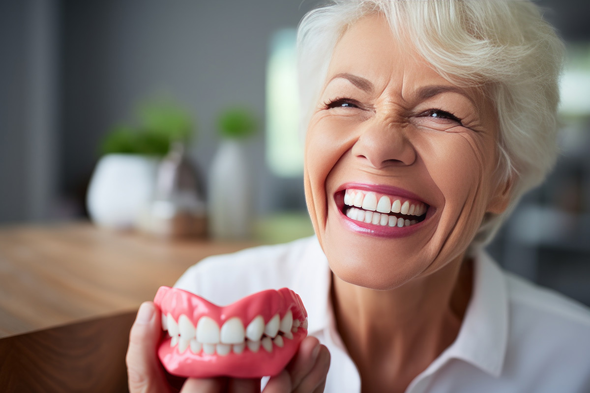 Smiling older patient holding a dental model